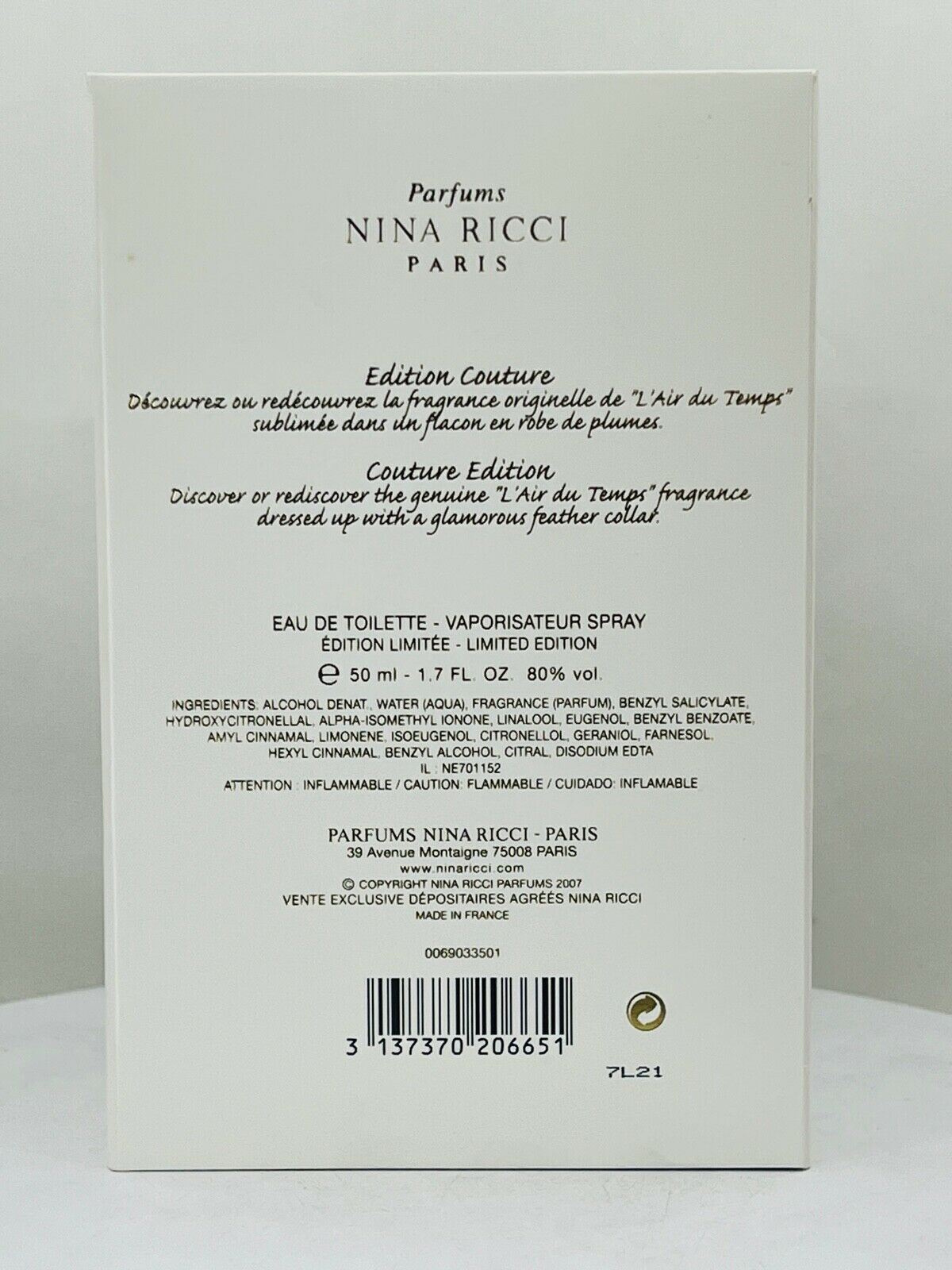 "L'Air du Temps" Couture edition Nina Ricci Eau De Toilette -1.7oz (NIB)