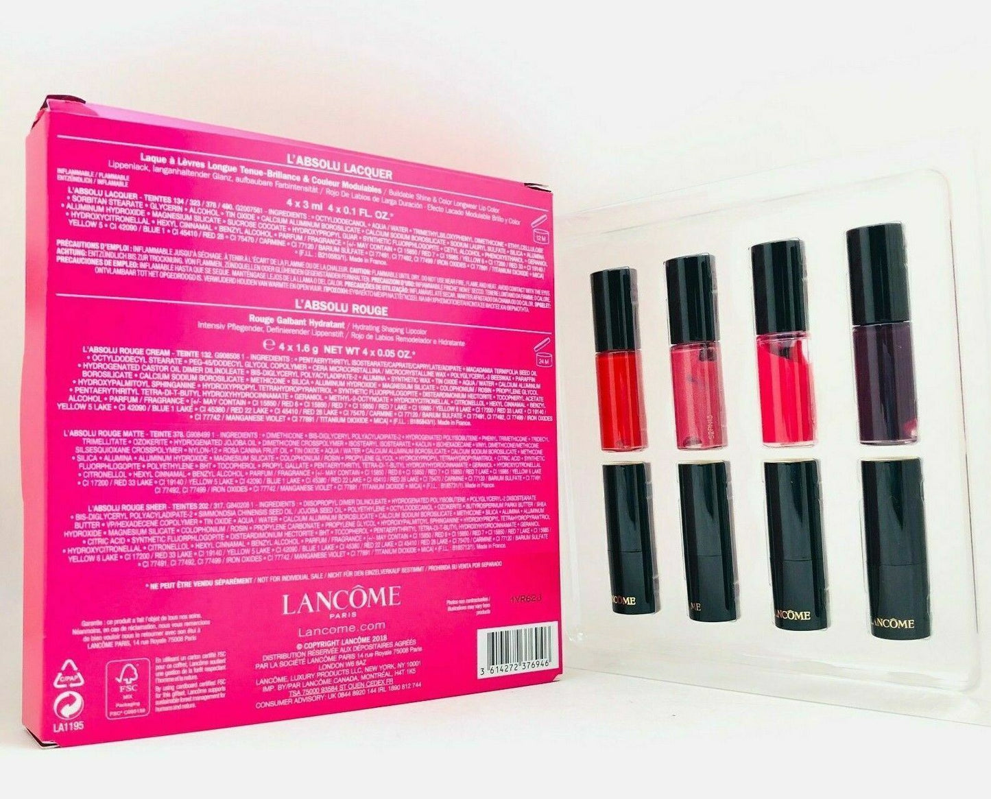 Lancome l'absolu Rouge Lip Stick+ Lacquer Lip Gloss Set, (4+4) PCS, NIB
