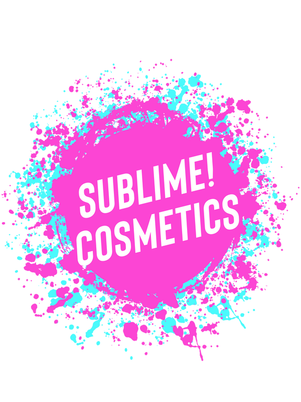 Welcome to Sublime Cosmetics. (Sublime Cosmetics Logo with Pink & Blue Splatter background)
